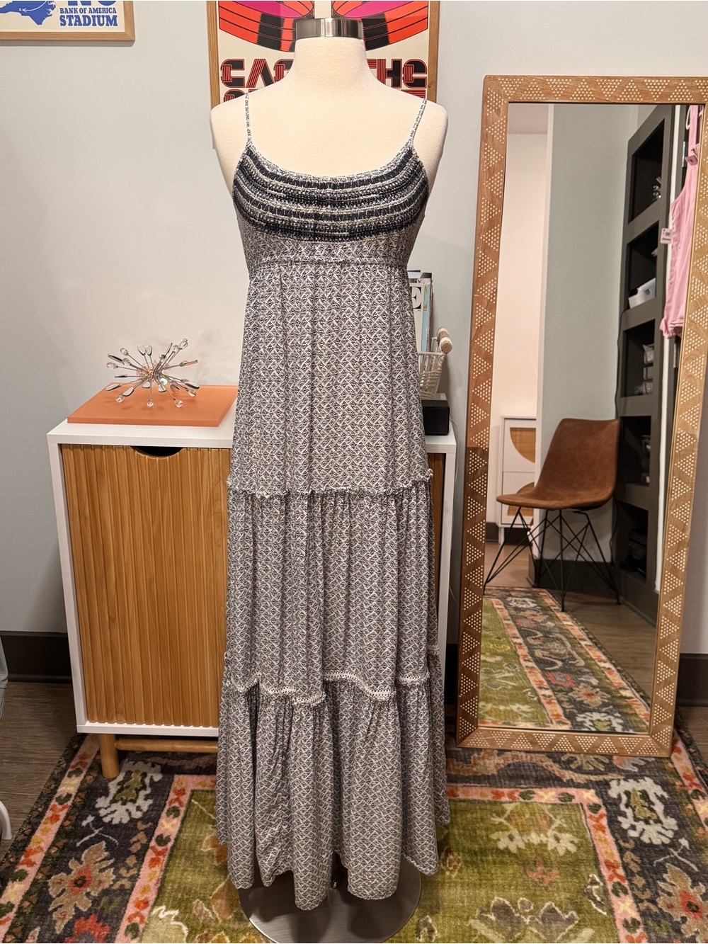 American Eagle Boho Grey/Silver Patterned Maxi Dress Size Small